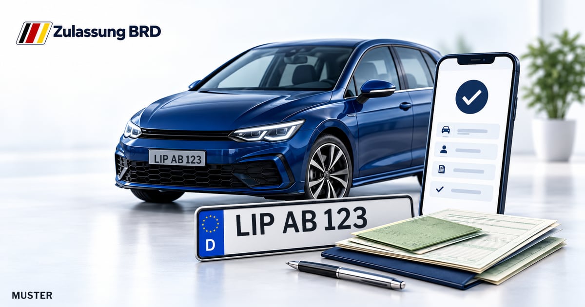 Online Fahrzeugzulassung in Horn-Bad Meinberg: Musterkennzeichen LIP AB 123, Auto und Fahrzeugpapiere und Smartphone. Illustration mit Logo von Zulassung BRD.